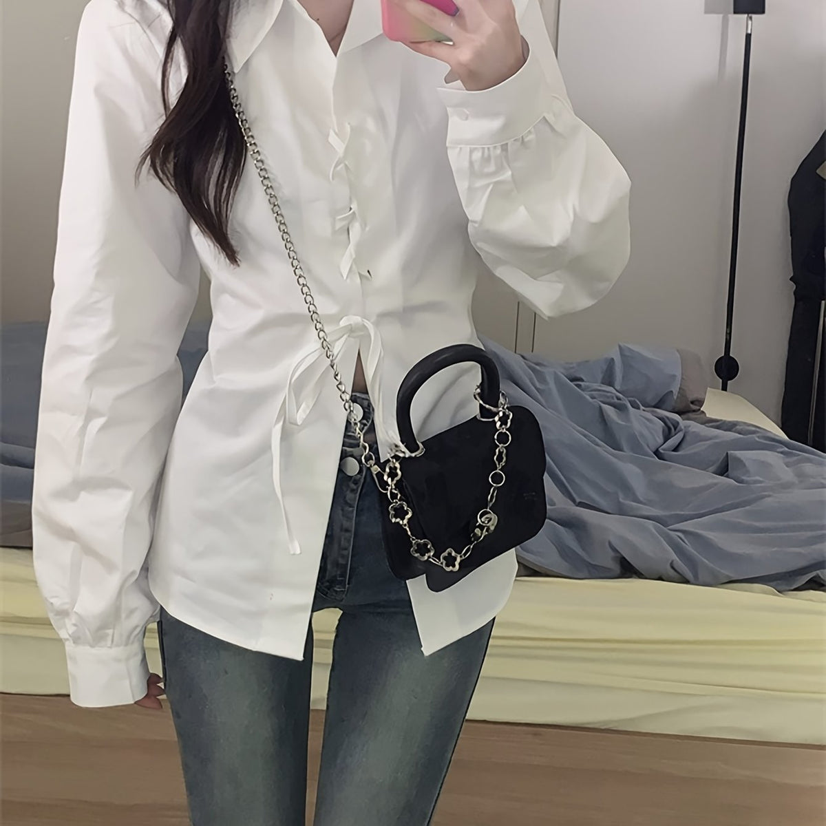 gbolsos  Solid Cross Tie Blouse, Casual Long Sleeve Blouse For Spring & Fall, Women's Clothing