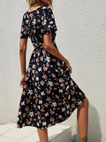 gbolsos  Floral Print V Neck Dress, Boho Short Sleeve Midi Dress, Women's Clothing