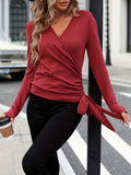 Ruched Side Tie Surplice Neck T-Shirt, Casual Long Sleeve Top For Spring & Fall, Women's Clothing