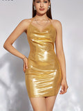 gbolsos  Glitter Metallic Halter Mini Dress, Cowl Neck Dress For Party, Club, Women's Clothing