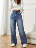 gbolsos  Blue Casual Wide Legs Jeans, Loose Fit Slash Pockets Straight Legs Mid Waist Denim Pants, Women's Denim Jeans & Clothing