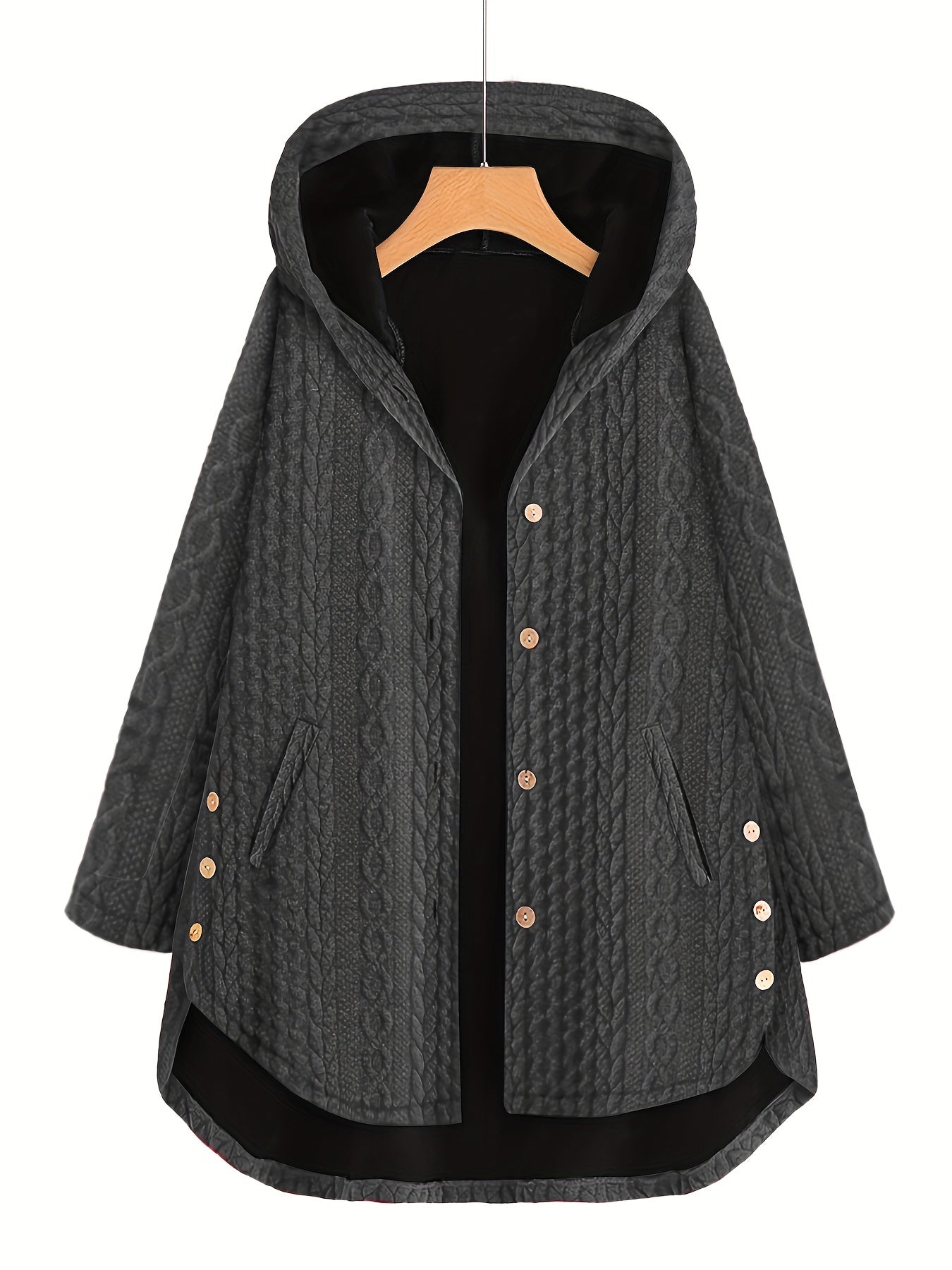 gbolsos  Slant Pocket Hooded Coat, Casual Long Sleeve Button Thermal Coat, Women's Clothing