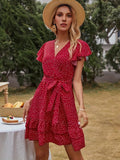 Polka Dot Flutter Sleeve Dress, Casual Layered Hem Dress For Spring & Summer, Women's Clothing