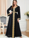 Lace Trim Kaftan Dress, Elegant V Neck Long Sleeve Maxi Dress, Women's Clothing