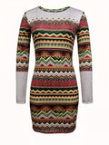 Ethnic Stripe Print Bodycon Dress, Casual Crew Neck Long Sleeve Dress, Women's Clothing