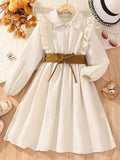 Girl's Casual Dress Button Collar Belted Pleated A Line Midi Dress Long Sleeve Ruffle Trim Shirt Dresses