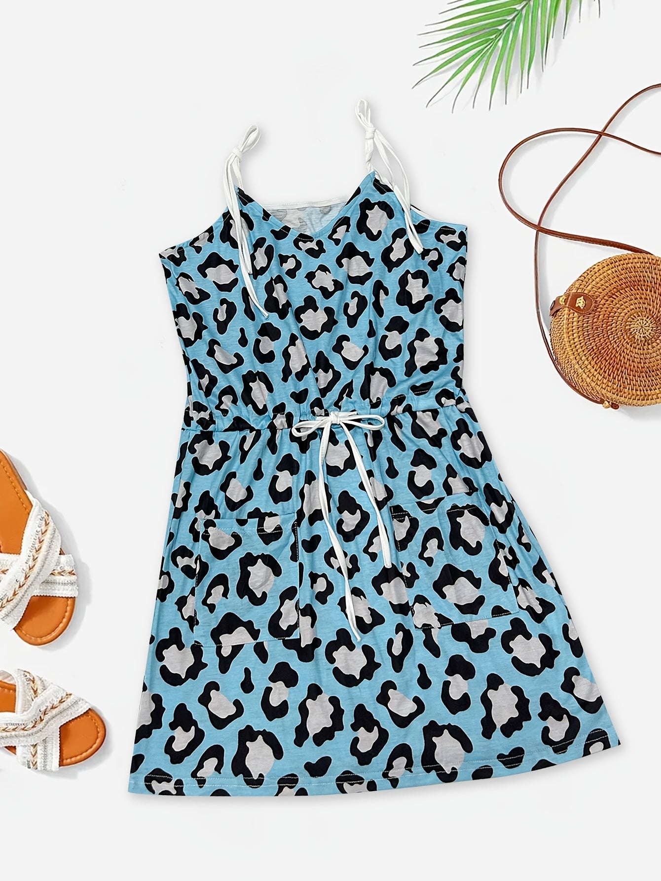 Leopard Print Cami Dress, Drawstring Waist Sleeveless Dress For Summer & Spring, Women's Clothing