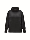 gbolsos   Plus Size Casual Sweater, Women's Plus Solid Ribbed Turtle Neck Long Sleeve Medium Stretch Sweater