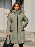 Plus Size Casual Winter Coat, Women's Plus Colorblock Long Sleeve Zip Up Drawstring Hooded Puffer Coat With Pockets