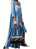 gbolsos  Blue Long Sleeves Denim Dress, Loose Fit Lettuce Trim V Neck Ruffle Denim Dress, Women's Denim Clothing