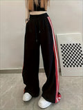 gbolsos  Drawstring Side Contrast Pants, Y2K Casual Wide Leg Pants, Women's Clothing