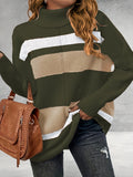 gbolsos  Plus Size Casual Sweater, Women's Plus Colorblock Long Sleeve Turtle Neck Slight Stretch Sweater