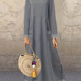 Contrast Lace Simple Dress, Casual Crew Neck Maxi Dress With Pockets, Women's Clothing