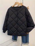 Button Front Puffy Coat, Long Sleeve Slant Pockets Outerwear For Fall & Winter, Women's Clothing