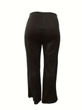 Plus Size Elegant Pants, Women's Plus Solid Button Decor High Rise Wide Leg Trousers