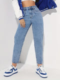 gbolsos  Blue Slant Pockets Tapered Jeans, Straight Legs Non-Stretch Casual Mom Jeans, Women's Denim Jeans & Clothing