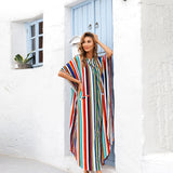 Bohemian Striped Elegant Beach Dress, Casual Every Day Vacation Dress For Spring & Summer, Women's Clothing