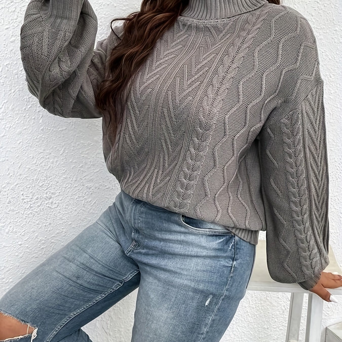 gbolsos   Plus Size Casual Sweater, Women's Plus Solid Jacquard Lantern Sleeve Turtle Neck Slight Stretch Pullover Sweater