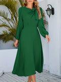 gbolsos  Solid Knotted Dress, Elegant Crew Neck Long Sleeve Midi Dress, Women's Clothing