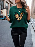 Leopard Heart Print Sweatshirt, Casual Long Sleeve Crew Neck Sweatshirt, Women's Clothing