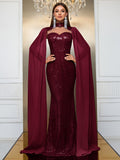 gbolsos  Cut Out Choker Neck Sequin Dress, Elegant Cape Sleeve Sweetheart Neck Mermaid Dress, Women's Clothing
