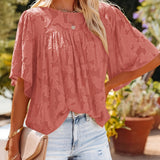 gbolsos  Casual Lace Flare Sleeve Blouse, Short Sleeve Crew Neck Solid Blouse, Casual Every Day Tops, Women's Clothing