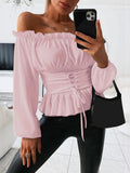 Off Shoulder Ruffle Trim Blouse, Casual Solid Long Sleeve Tie Front Blouse, Women's Clothing