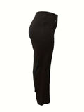 Plus Size Elegant Pants, Women's Plus Solid Button Decor High Rise Wide Leg Trousers