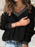 gbolsos  Plus Size Casual Sweater, Women's Plus Sequin Decor Long Sleeve V Neck Knitted Pullover Sweater