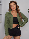 gbolsos  Army Green Lapel Denim Jackets, Long Sleeves Single-Breasted Button Denim Coats, Women's Denim Clothing