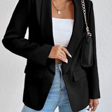 Solid Open Front Blazer, Casual Lapel Long Sleeve Blazer For Office, Women's Clothing