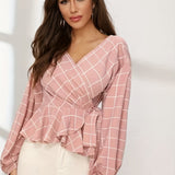 Plaid Print Surplice Neck Blouse, Casual Long Sleeve Blouse For Spring & Fall, Women's Clothing