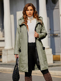 Plus Size Casual Winter Coat, Women's Plus Colorblock Long Sleeve Zip Up Drawstring Hooded Puffer Coat With Pockets