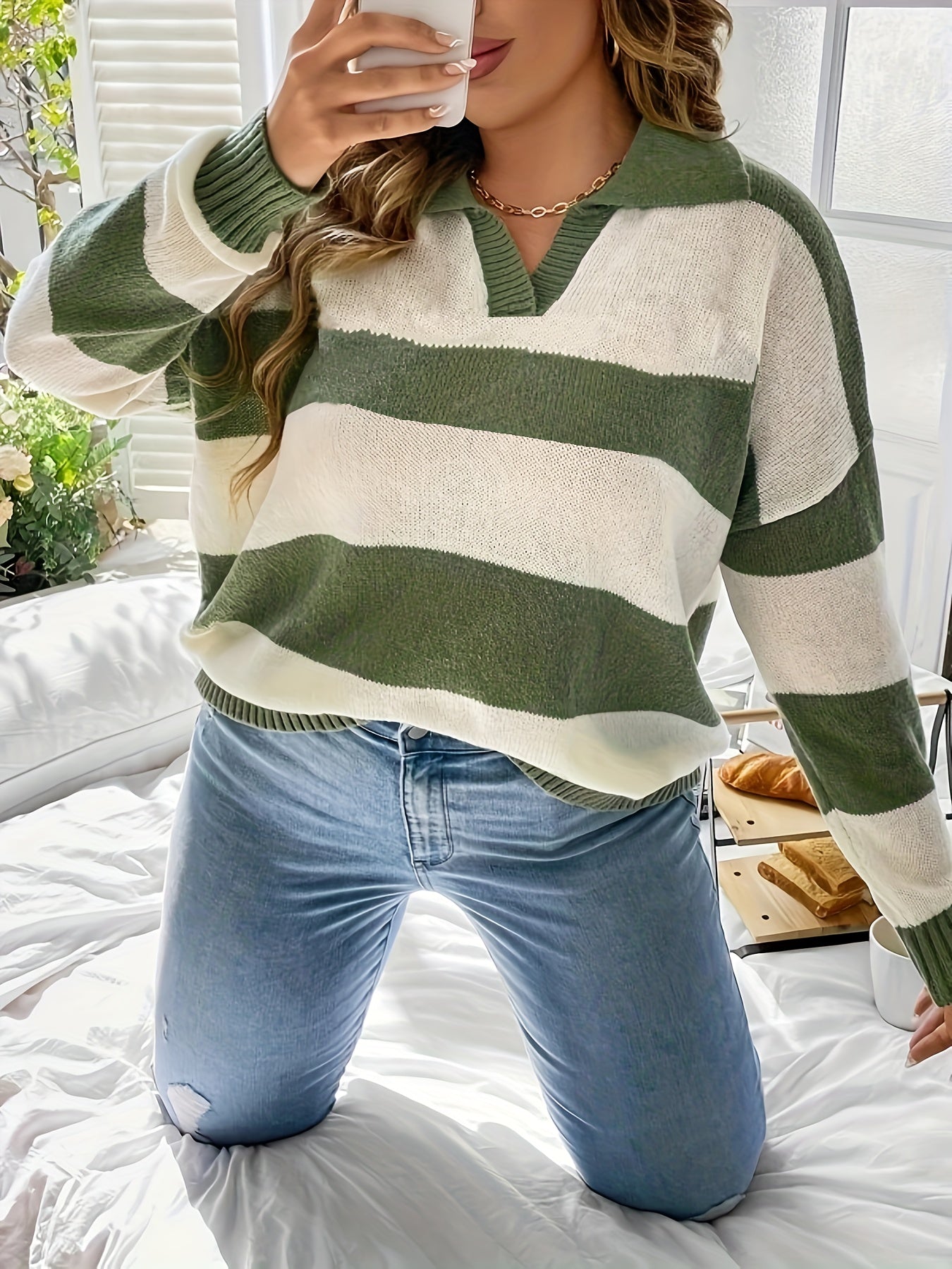 gbolsos   Plus Size Casual Sweater, Women's Plus Colorblock Stripe Print Drop Shoulder Long Sleeve V Neck Lapel Collar Slight Stretch Pullover Sweater