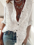 Floral Pattern Jacquard Button Blouse, Casual Long Sleeve Blouse For Spring & Fall, Women's Clothing