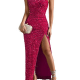 Sequined One Shoulder Split Dress, Elegant Bodycon Dress For Party & Banquet, Women's Clothing