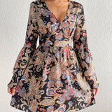 Paisley Print Layered Dress, Boho V Neck Long Sleeve Pleated Dress, Women's Clothing