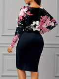 gbolsos  Floral Print Bodycon Ruched Dress, Elegant Long Sleeve Dress, Women's Clothing