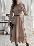 Ruffle Hem Ribbed A-line Dress, Elegant Crew Neck Long Sleeve Dress, Women's Clothing