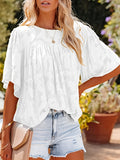 gbolsos  Casual Lace Flare Sleeve Blouse, Short Sleeve Crew Neck Solid Blouse, Casual Every Day Tops, Women's Clothing