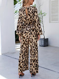 gbolsos  Leopard Print V Neck Long Sleeve Jumpsuit, Vintage Long Length Tie Waist Jumpsuit, Women's Clothing