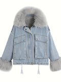 gbolsos  Fluffy Plush Collar & Cuffs Winter Warm Fur Fleece Coat, Extra Large Square Pockets Drawstring Hem Denim Jacket, Women's Denim Jackets