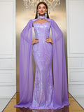gbolsos  Cut Out Choker Neck Sequin Dress, Elegant Cape Sleeve Sweetheart Neck Mermaid Dress, Women's Clothing