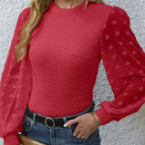 Swiss Dot Mock Neck Blouse, Casual Long Lantern Sleeve Blouse For Spring & Fall, Women's Clothing