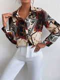 gbolsos  Chain Print V-neck Loose Lapel Blouses, Casual Button Down Long Sleeve Fashion Shirts Tops, Women's Clothing