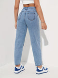 gbolsos  Blue Slant Pockets Tapered Jeans, Straight Legs Non-Stretch Casual Mom Jeans, Women's Denim Jeans & Clothing