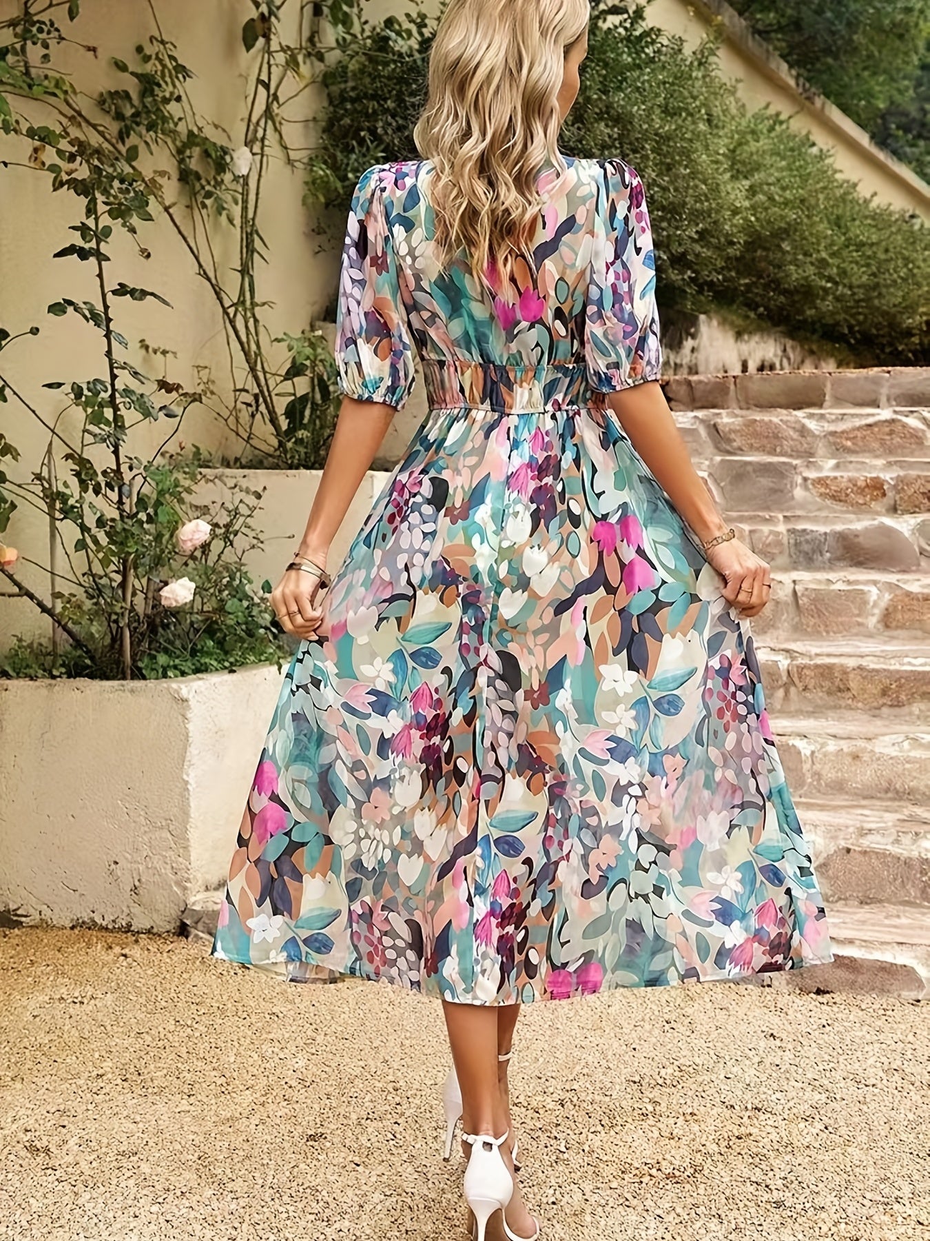 gbolsos  Floral Print V Neck Dress, Boho Short Sleeve Ruched Waist Dress For Spring & Summer, Women's Clothing