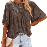 gbolsos  Casual Lace Flare Sleeve Blouse, Short Sleeve Crew Neck Solid Blouse, Casual Every Day Tops, Women's Clothing