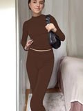 gbolsos  Solid Color Two-piece Set, Crew Neck Long Sleeve Top & Pants Outfits, Women's Clothing