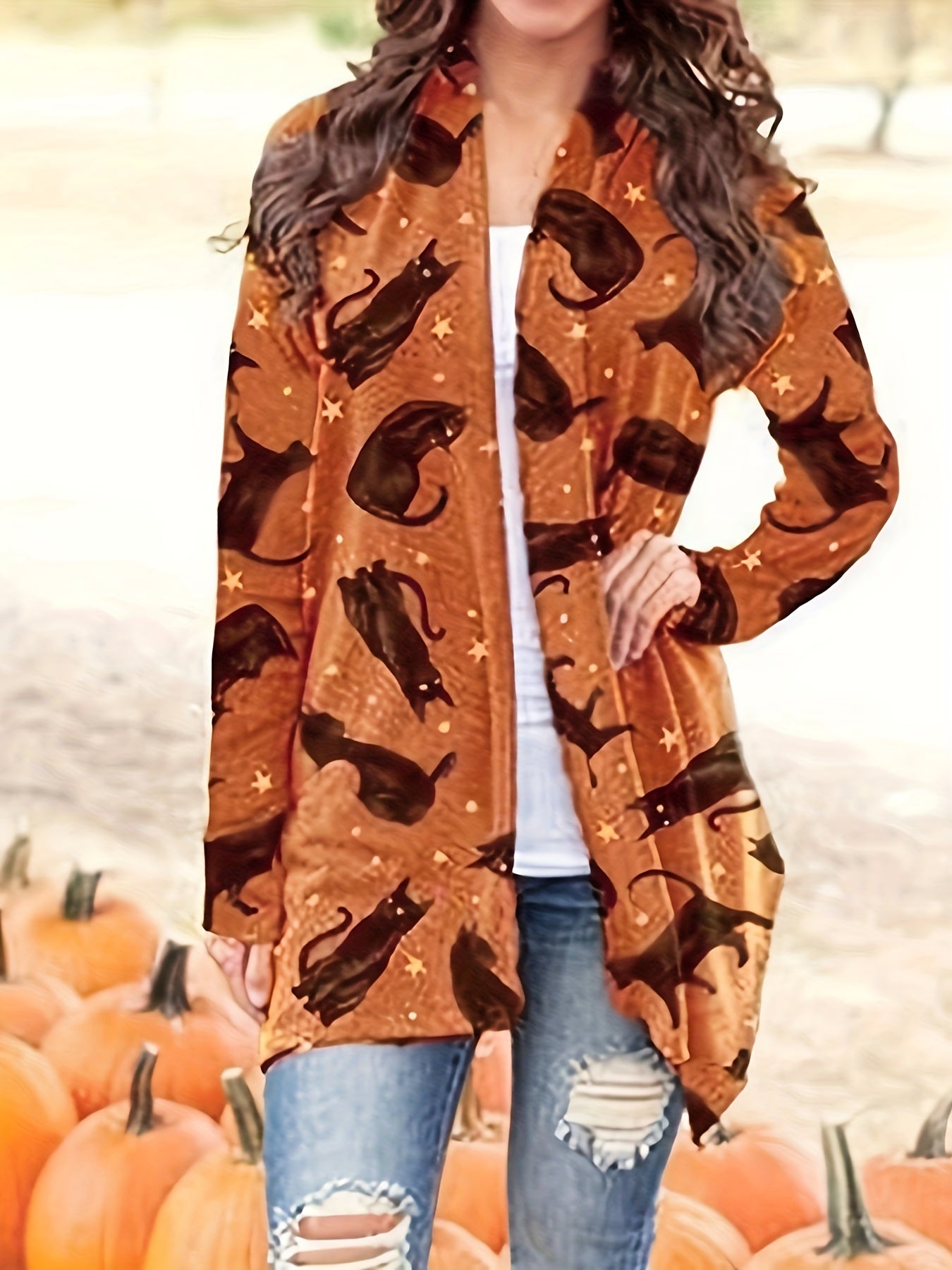 gbolsos  Halloween Allover Print Cardigan, Open Front Long Sleeve Cardigan For Spring & Fall, Women's Clothing